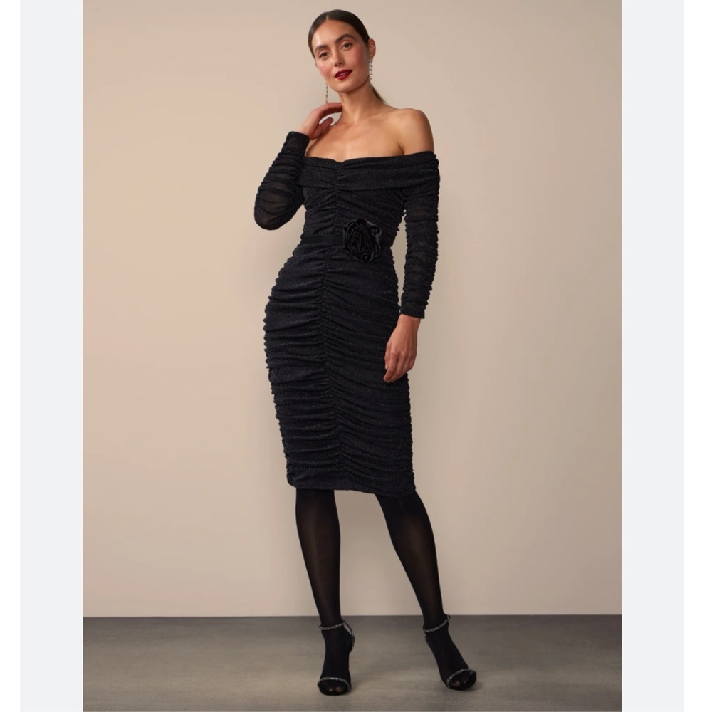 New York & Company Metallic Knit Rosette Ruched Dress
